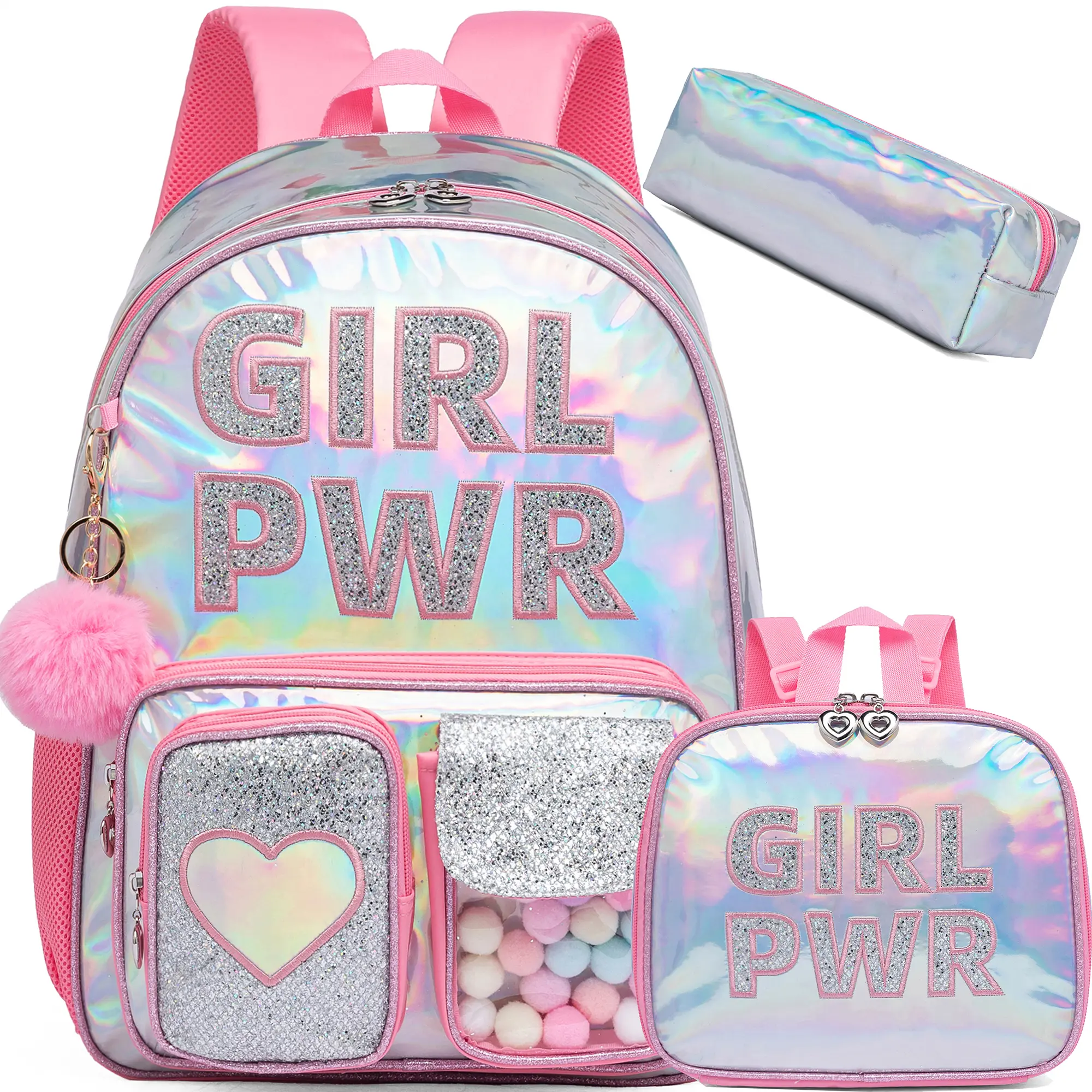 3-Piece Girls Holographic Pink School Backpack Set | Shiny Glitter GIRL PWR Bookbag with Moving Pom Poms Pocket | Y2K Metallic Schoolbag with Lunch Box & Pencil Case for Kids