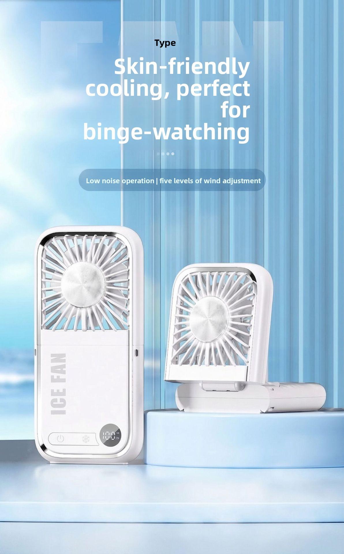tylish and versatile personal fan with digital display, foldable design, and dual-use for neck hanging or handheld. Built with ice compress cooling technology, USB rechargeable, ultra-portable for outdoor, travel, office and daily use. Low noise, strong w