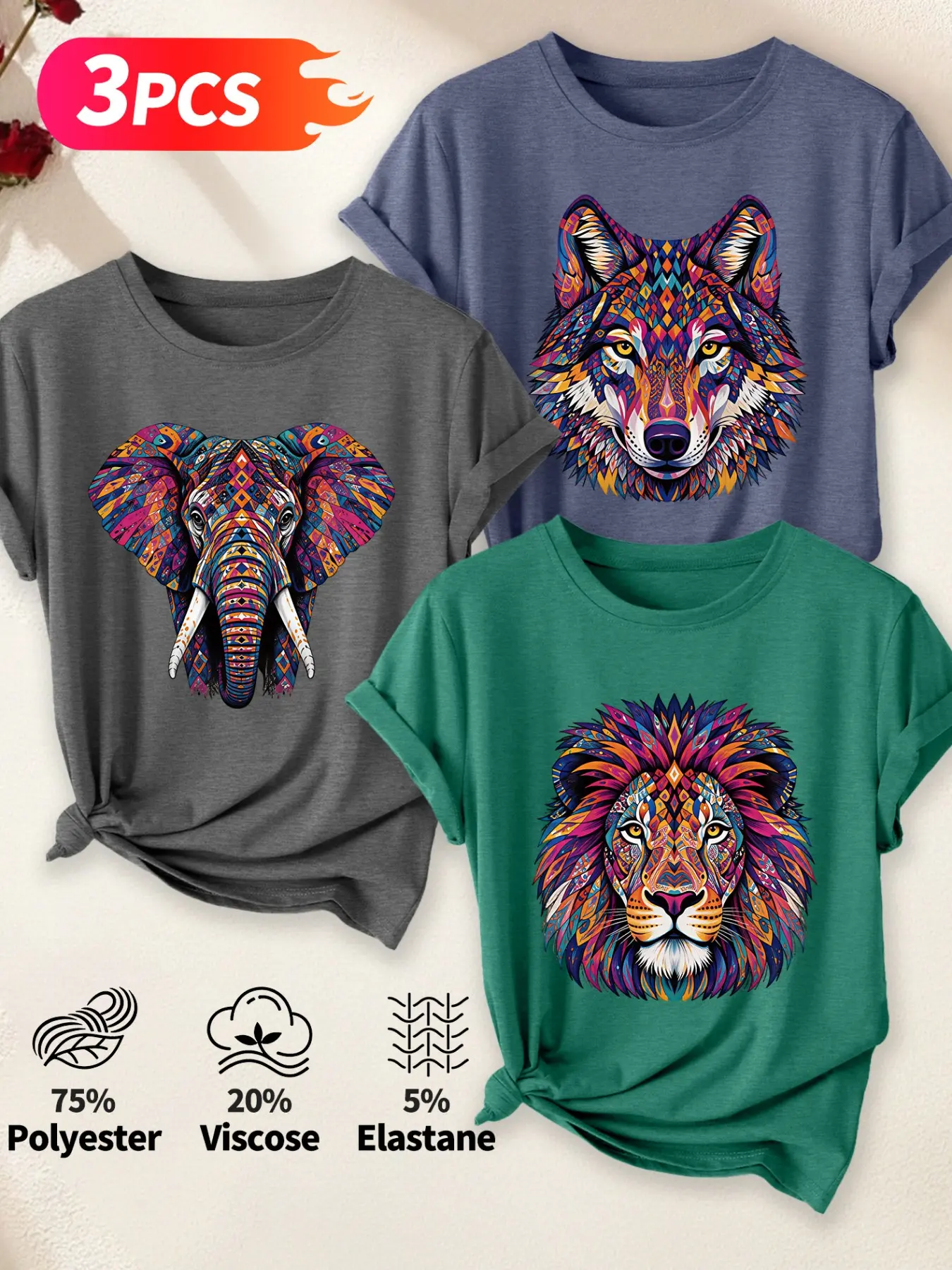 3pcs Women's Crew Neck T-Shirt, Ethnic Style Animal Print (Elephant, Wolf, Lion), Multiple Colors Available, Machine Washable, Spring & Summer Top, Soft Skin-Friendly Fabric, Daily Versatile, Fashion Design