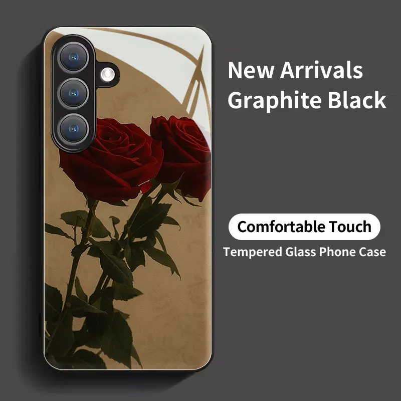 Vivid Red Roses in Vintage Tones Black tempered glass shell for samsung for Galaxy S26 S25 S24 S23 S22Pro S21 S20 Fe Plus Ultra Pro A56 A55 A54 A53 A52 A51 A36 A35 A34 A32 A26 A25 A24 A23 A16 A15 A14 A06 A05 A03s