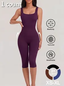 1/2PCS Women's Yoga Capri Jumpsuit Square Neck Backless Tummy Control Butt Lifting, Workout Shorts Romper Seamless Ribbed Sleeveless Unitard for Gym Sports