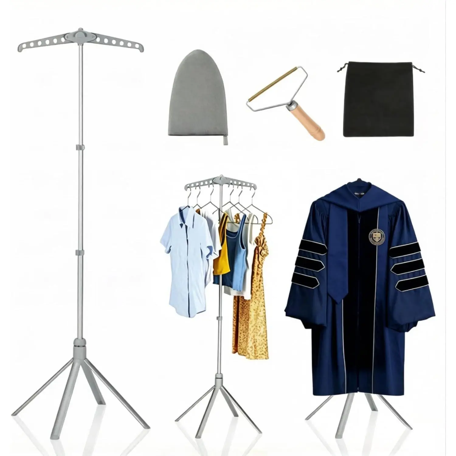 Adjustable Cap and Gown Display Stand, 32"-63" Graduation Gown Rack with Hanger, Portable Metal Clothes Stand for T-Shirt, Jacket, Coat, Shirt Display, Foldable for Retail Vendors (Glossy Gray)