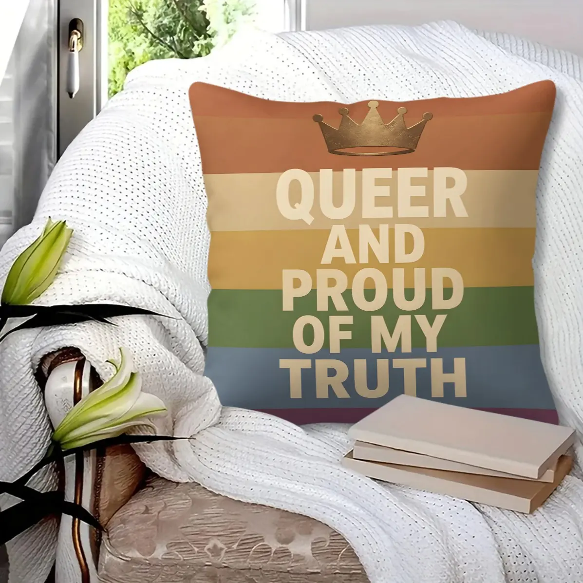 Vintage Warm Rainbow Stripe Throw Pillow With Insert, Inspirational Pride Slogan Print, Gentle Inclusive Home Decor, Versatile Niche Square Cushion For Bedroom Living Room