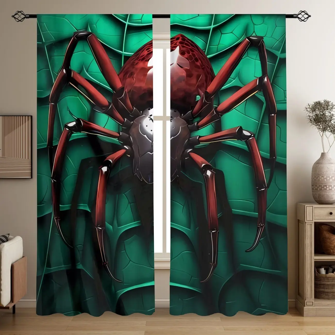 2-Piece Spider Pattern Semi-Transparent Curtains, Multi-Functional Polyester Rod Pocket Design, Ideal for Living Room, Bedroom, Game Room Decor