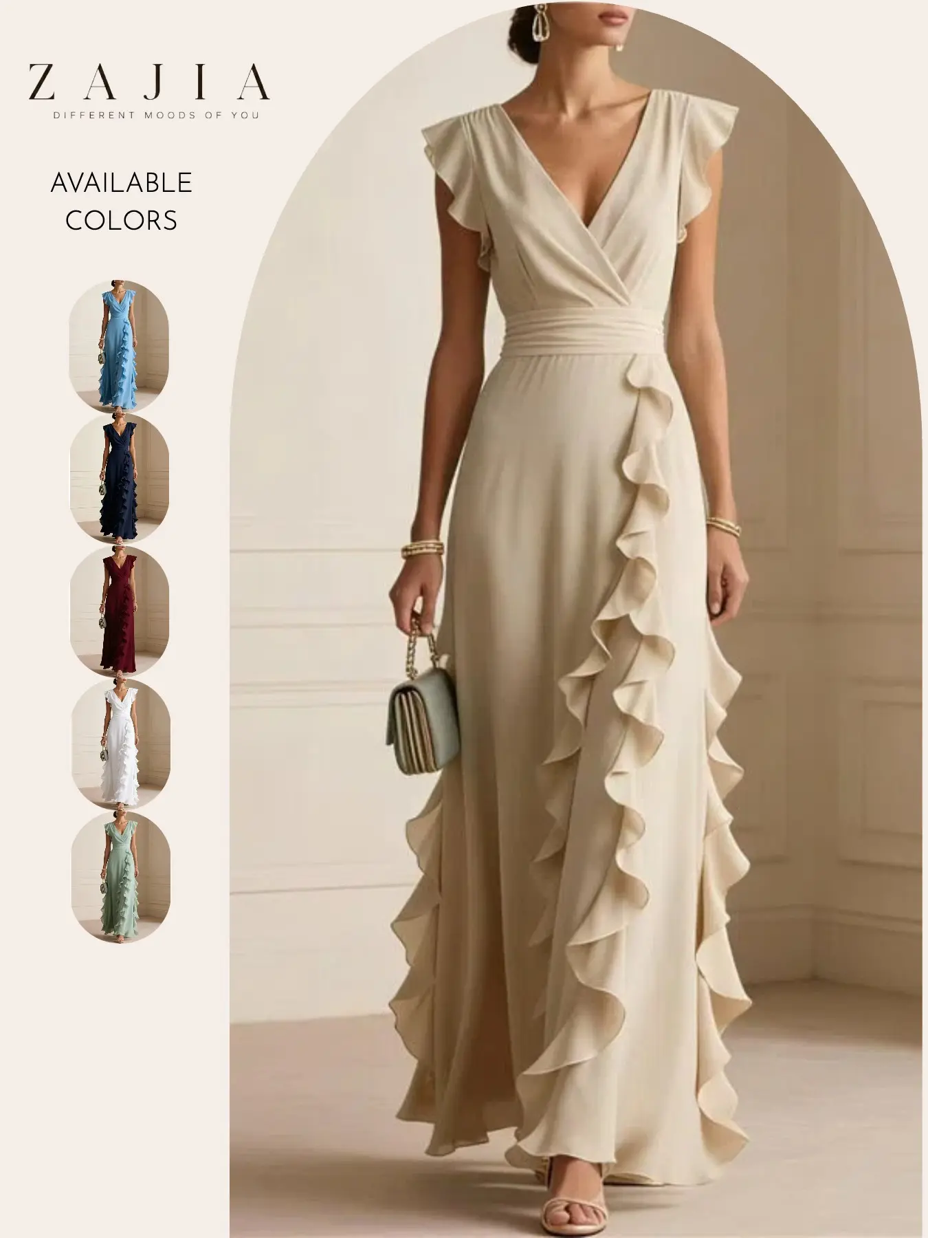 Women's Elegant Maxi Dress, V-Neck Ruffle Dress, Flutter Sleeve Wrap Dress, Wedding Guest and Evening Party Gown, Lightweight