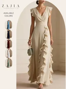 Women's Elegant Maxi Dress, V-Neck Ruffle Dress, Flutter Sleeve Wrap Dress, Wedding Guest and Evening Party Gown, Lightweight