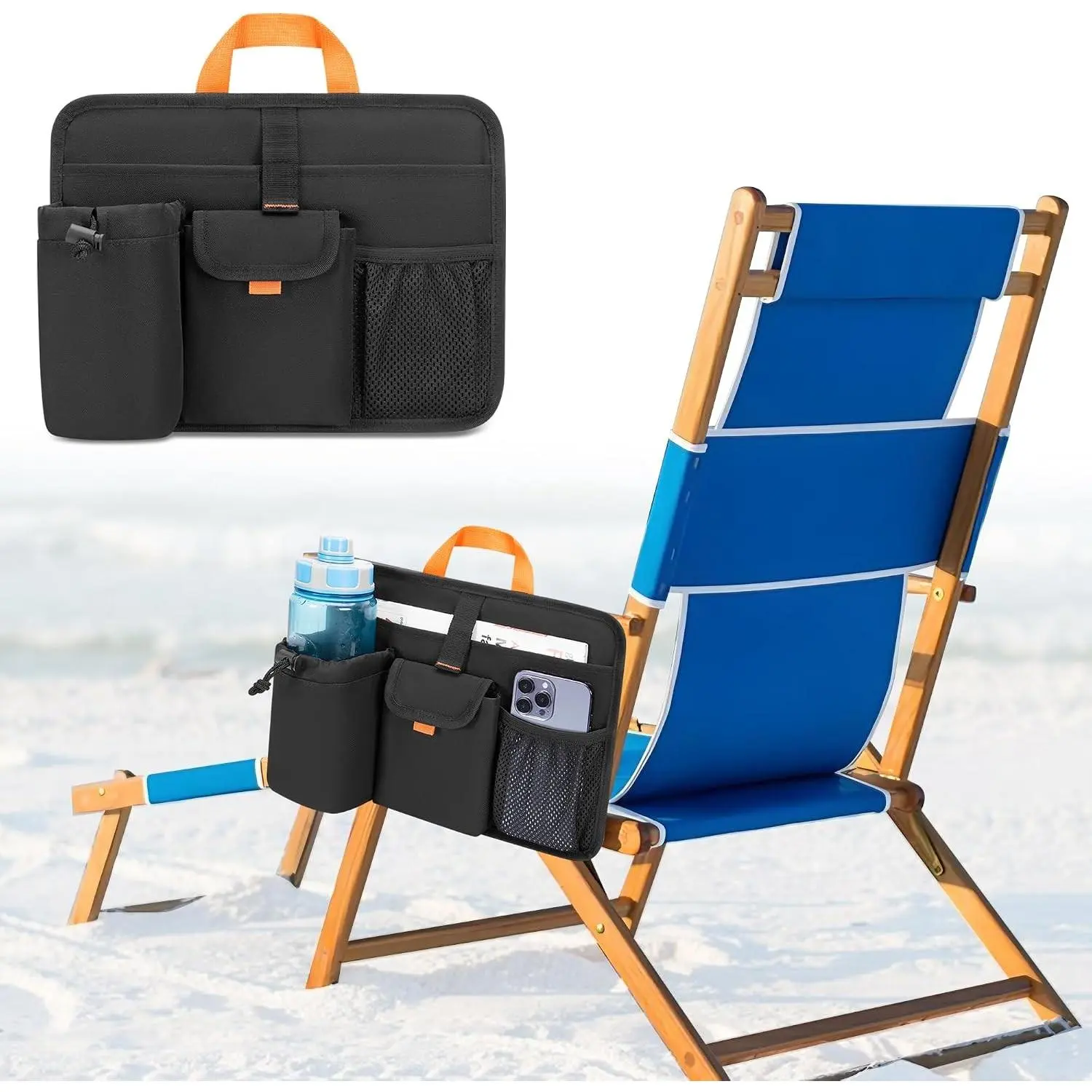 Beach Chair Cup Holders, Arm Organizer for Camping with Self-Adhesive Fastener Straps, Insulated Hanging Bag with 4 Pockets, Camp Chair Accessories for Water Bottle, Magazine, Black