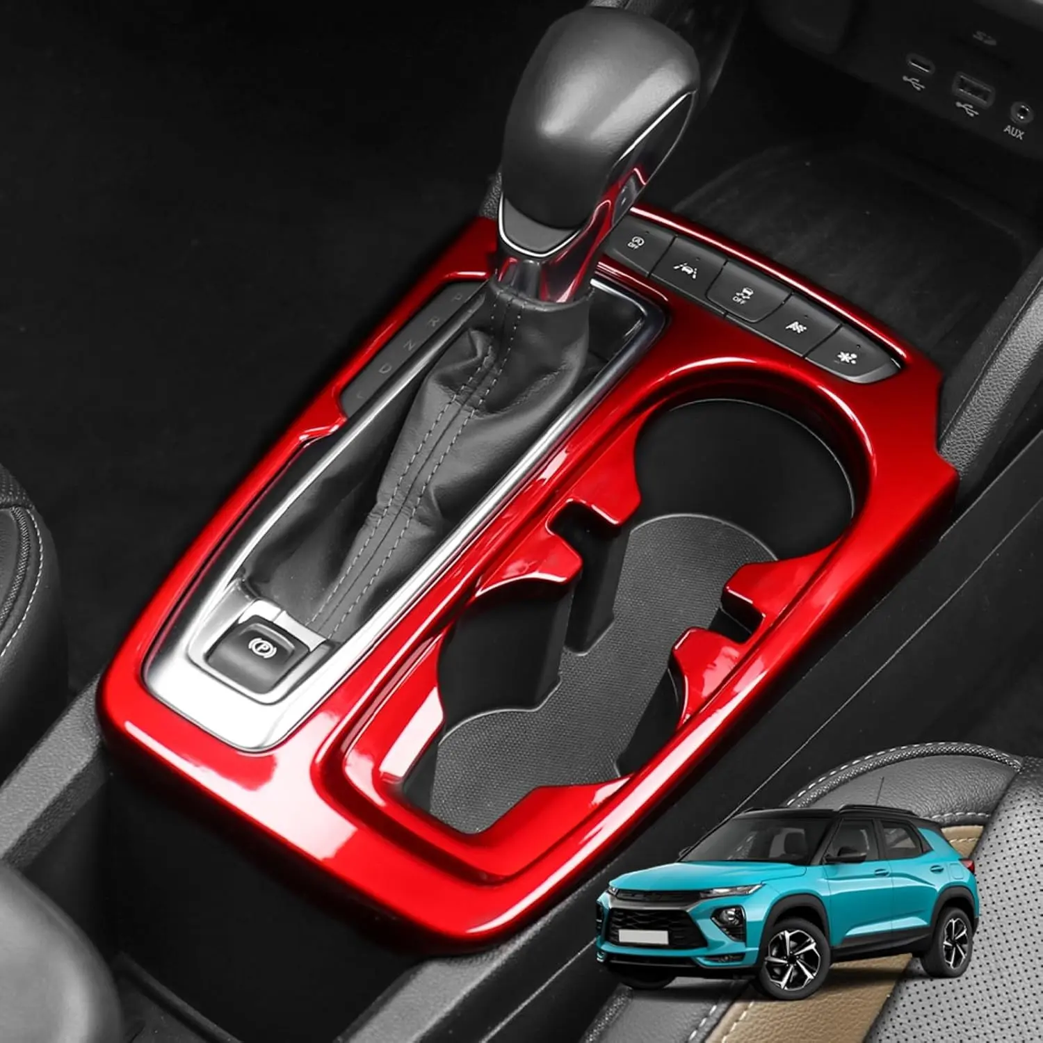 Center Console Gear Shift Cover Trim Water Cup Holder Panel Compatible with Chevy Trailblazer 2021-2025 Accessories (Red)