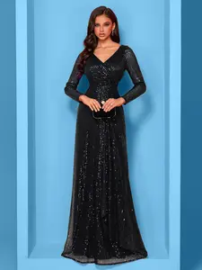 Long Sleeve V-Neck Sequin Evening Gown, Waist Cinch Tie Split Floor-Length Dress, Perfect for Wedding Guests, Mother of the Bride, Graduation Party