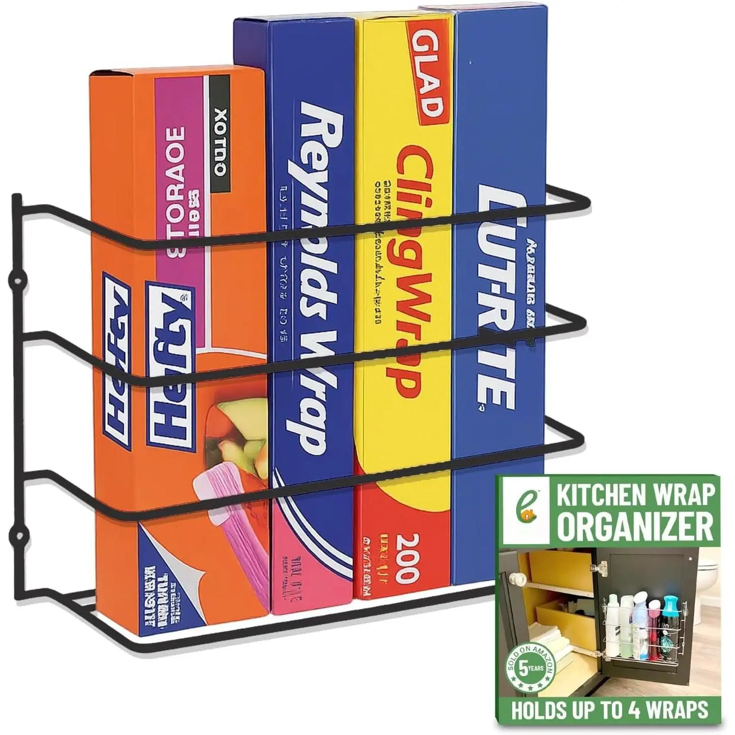 Kitchen Wrap Organizer - Hold up to 4 Plastic, Foil, Paper, Wax - Cabinet Door, Wall Rack Basket - Sandwich, Freezer,  Bag Storage - Laundry Supplies - Black