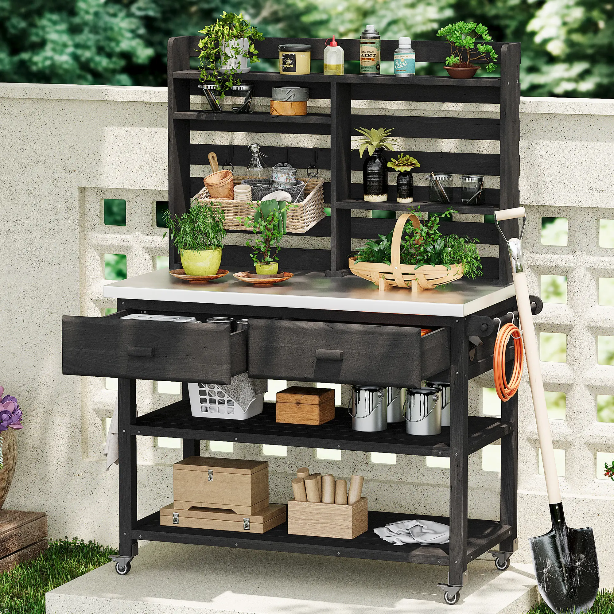 ARCH 64.9"H Outdoor Potting Bench Table with Lockable Wheels, Solid Wood Kitchen Island with Upper Hutch, Stainless Steel Top, Towel Rack, Storage for Grilling, Lawn Garden, Black, Patio Prep Station, Garden Workbench, BBQ Side Table