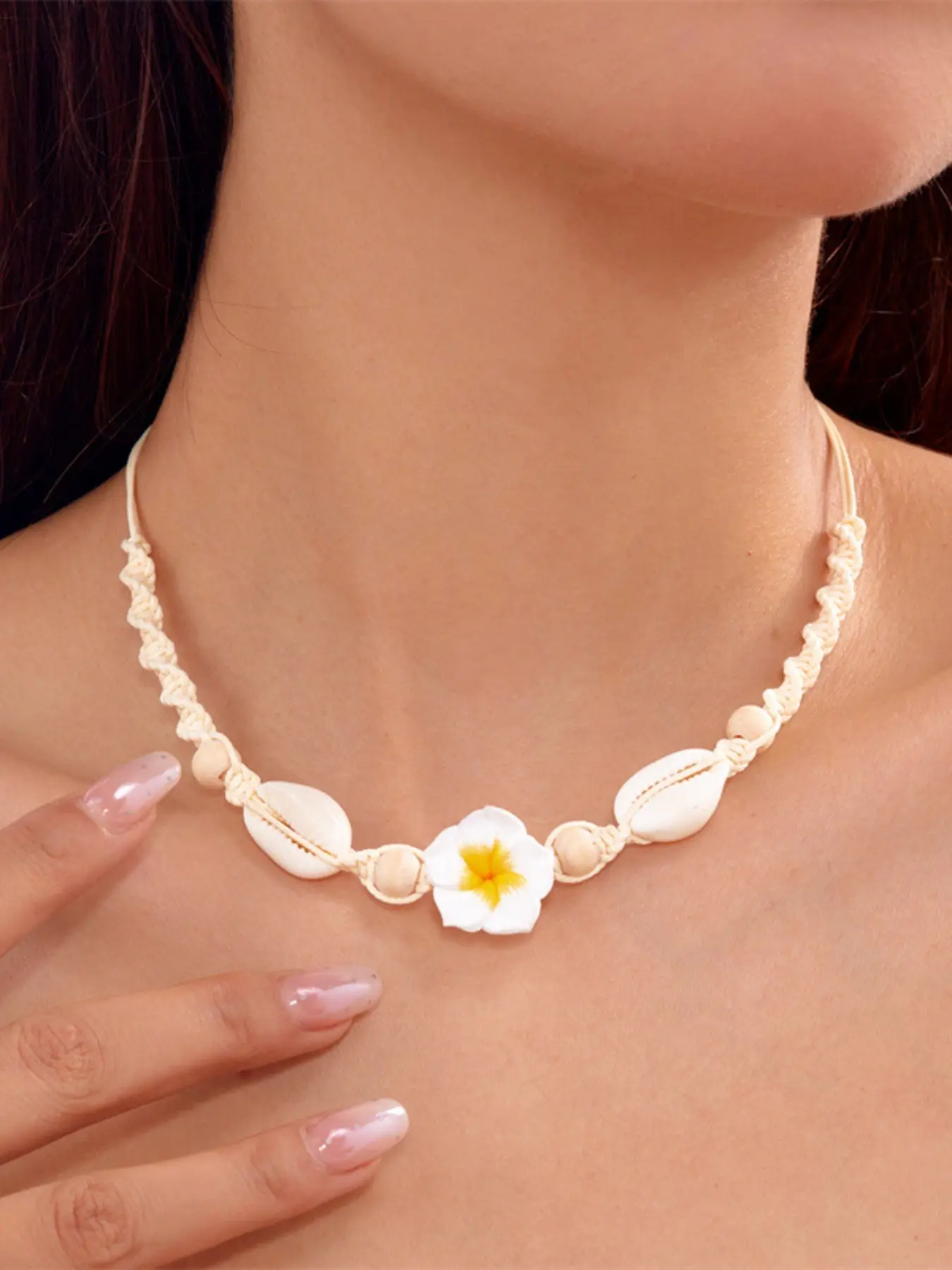 Bohemian Hawaiian Tropical Island Necklace, Soft Clay Flower Shell Braided Pendant, Perfect for Beach Photos, Relaxing Coastal Vibe