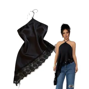 Women Satin Halter Top Sexy Backless Cami Shirt Silk Sleeveless Lace Trim Cami Blouse Asymmetrical Hem Summer Clubwear Party Tops Going Out Shirts Elegant E-Girl Aesthetic Camisole Tank Top Trendy Clothes Grunge Fairycore
