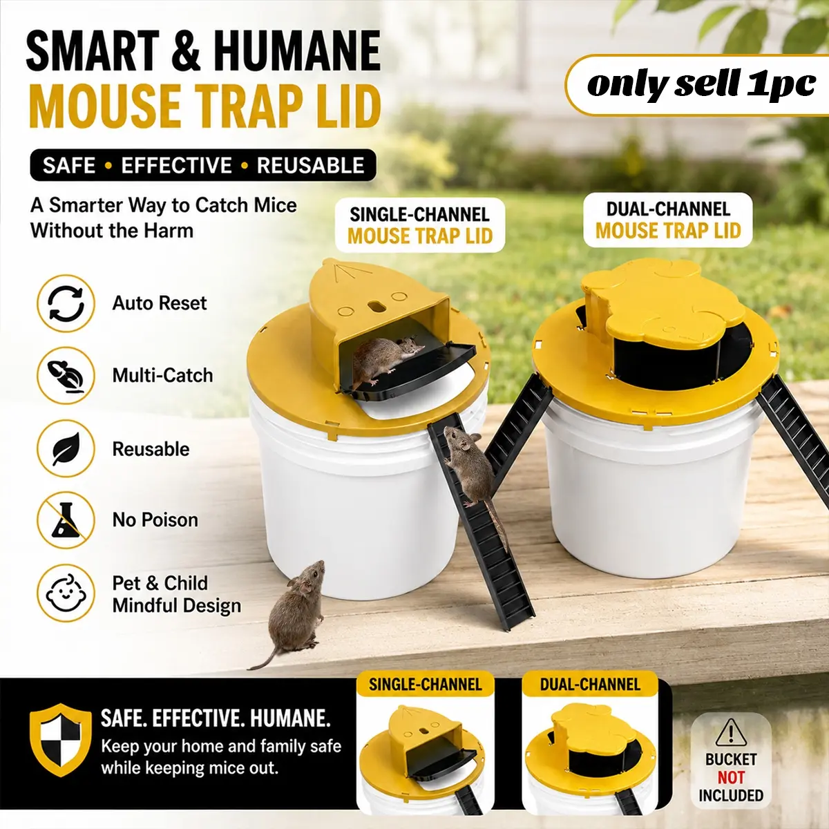 Flip Slide Bucket Lid Mouse Trap, Smart Reusable Auto-Reset Multi-Catch Mouse Trap Lid with Ramp, ABS Material and No-Poison Design, Single or Dual Channel Rodent Catcher for Home, Kitchen, Garage, Barn, Indoor Outdoor Pest Control