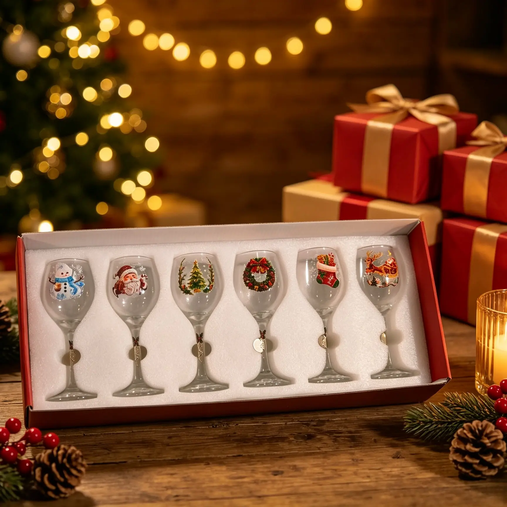 Festive Christmas Wine Glasses Set, Santa Snowman Wreath Reindeer Pattern, Holly Snowflake Decor, Xmas Gift for Family Friends