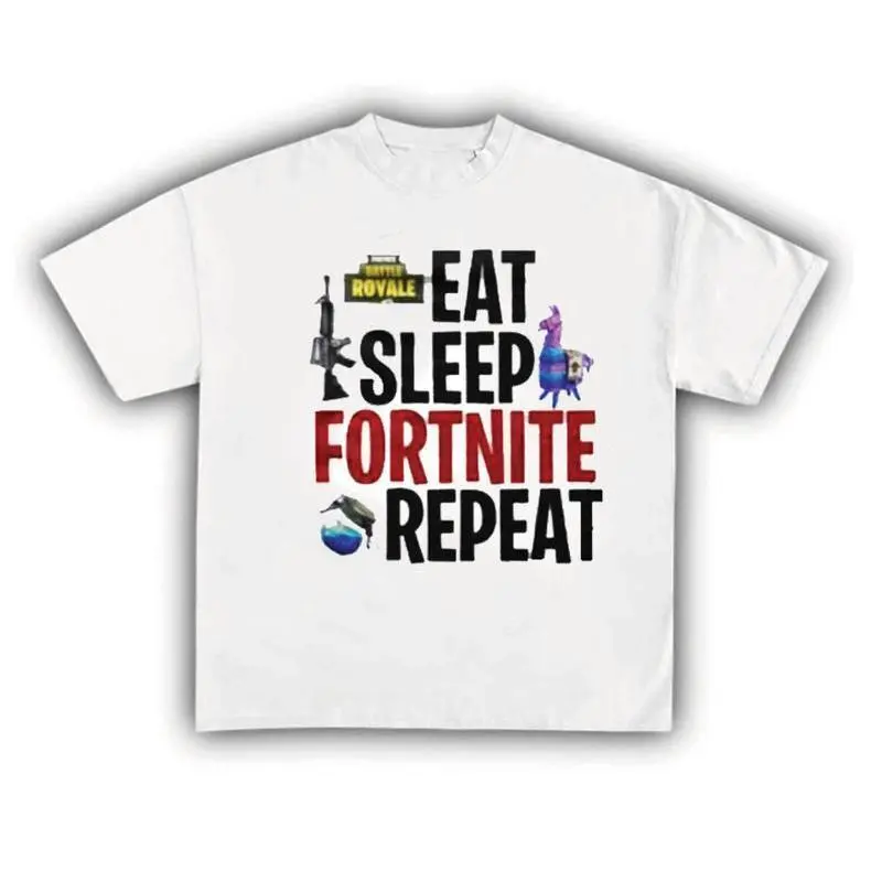 Men's Casual Graphic T-shirt with Eat Sleep Fortnite Repeat Print, Short Sleeve Streetwear Top, Funny Gamer Gift, Tshirt, Shortsleeve, Menswear, Funny T Shirt, Clothes, Graphic Print