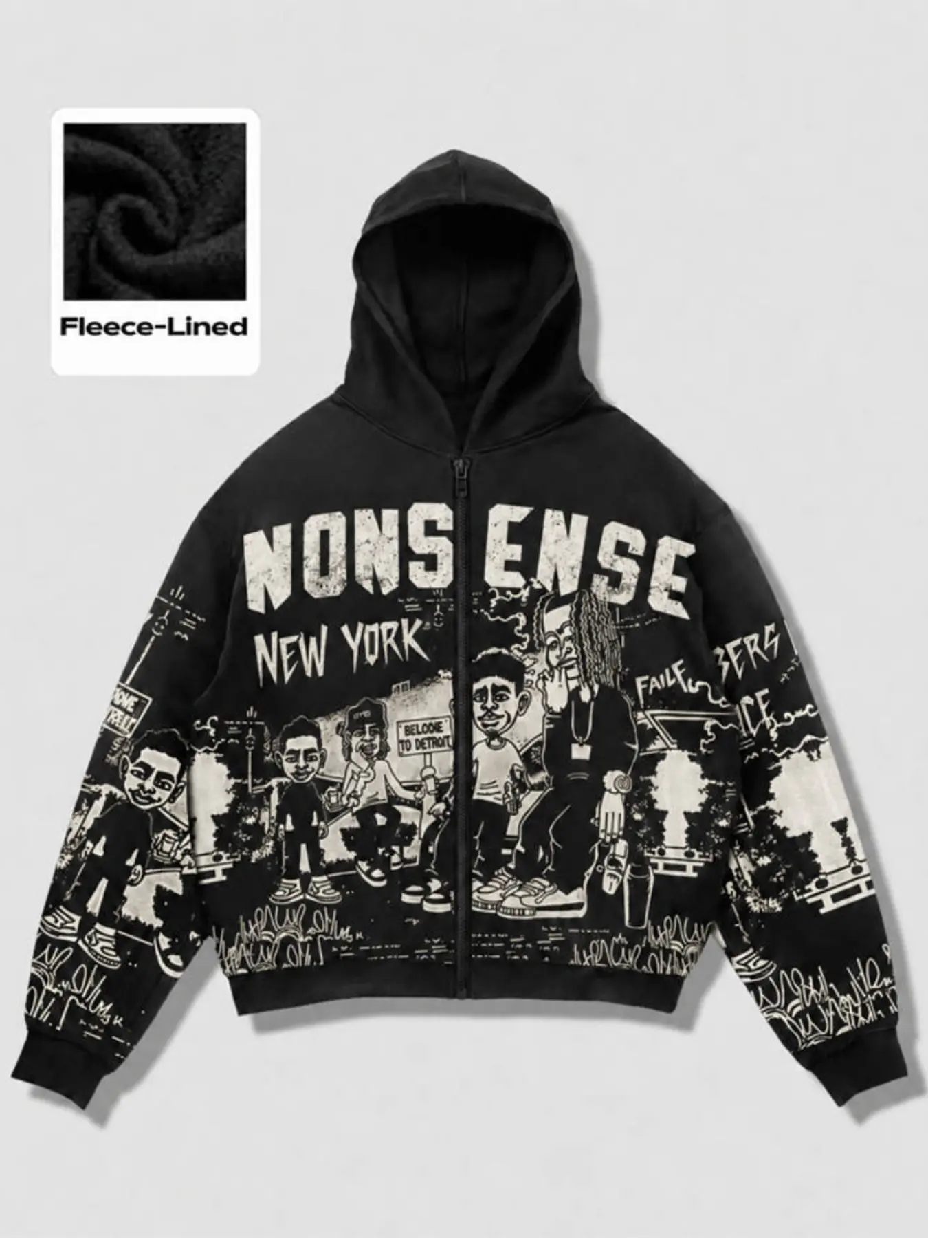 Oversized Vintage Washed Zip Up Hoodie Unisex Hip Hop Cartoon Character All Over Sleeve Graffiti Print Full Zip Hooded Jacket Soft Lightweight Drawstring Hood Streetwear Coat Spring Fall Daily Skater Casual Outfit