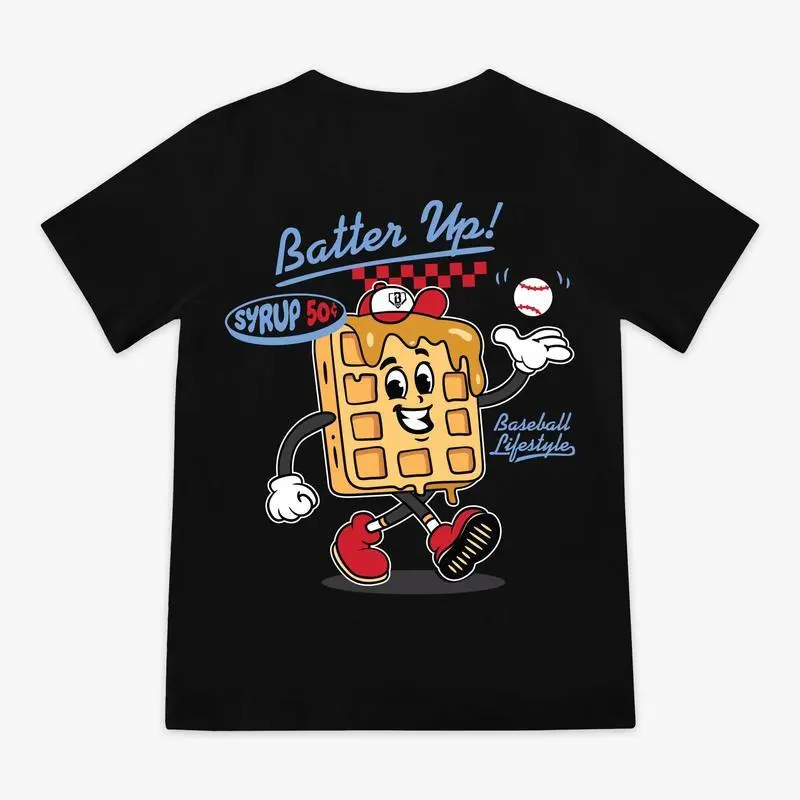 Women's Unisex Cartoon Waffle Baseball Character Back Graphic Shortsleeve T-Shirt - Relaxed Fit, Soft Breathable Comfortable Garment, Delicate Print Craft, Casual Retro Sports Daily Top, Summer Casual Wear
