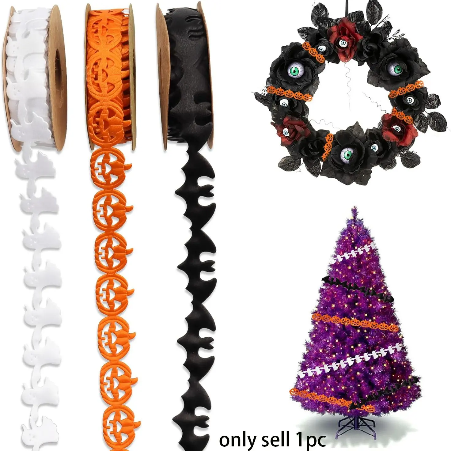 1 roll Halloween ghost skull ribbon, 9-meter black and white orange, pumpkin bat ghost shaped craft ribbon decoration,, Gift Wrapping Halloween Party Decoration