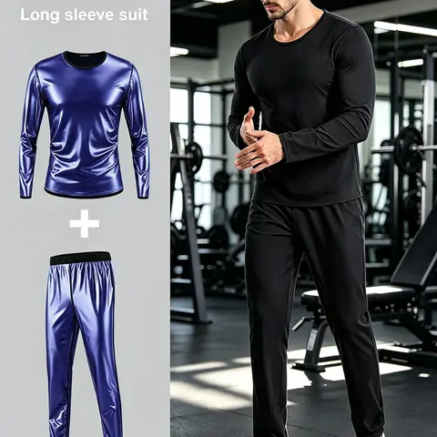 Men's Solid Long Sleeve Tee & Elastic Waist Pants Sauna Suit Set, Round Neck Top & Trousers, Sportswear Set for Gym Workout Running, Solid Sports Sets(Order One Size Up)