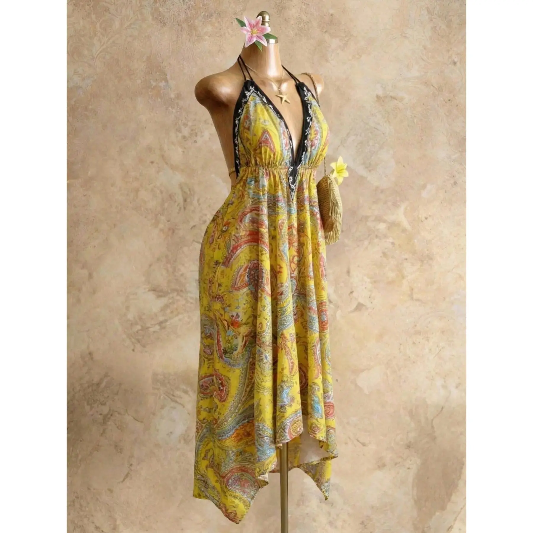 Women's Casual Boho Vibe Halter Long Dress - Colorful Print, Deep V Backless, Waist Cinch, Comfortable Elegance - Perfect for Beach Vacation, Date, Sleeveless