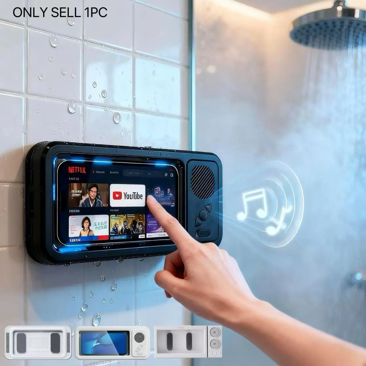 Waterproof Phone Case Speaker, bathroom waterproof with 360° rotatable touch screen, Bluetooth speaker. Works as phone stand for watching movies and playing music. Bluetooth audio speaker for shower, bath & TV mounting. Suitable for pools, kitchens, bathr