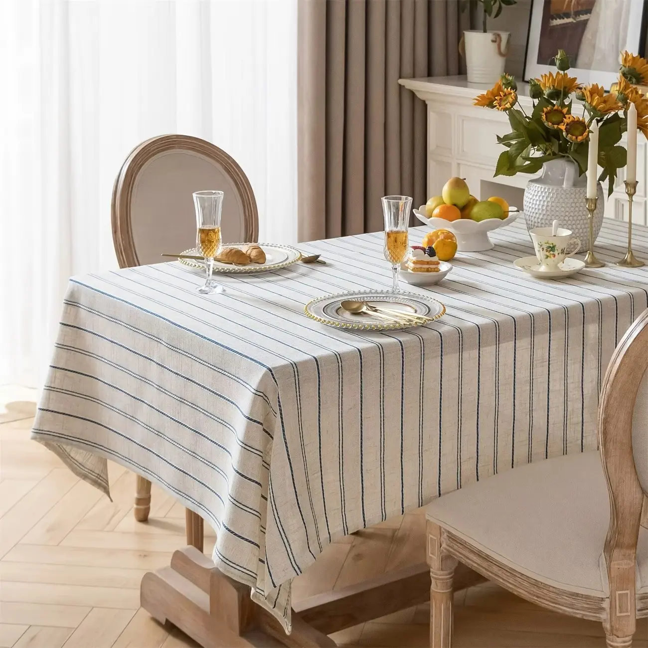 1pc Blue Striped Tablecloth, Polyester Material, Rectangular Modern Design, Washable, Suitable for Dining, Kitchen, Restaurant, Parties, Weddings