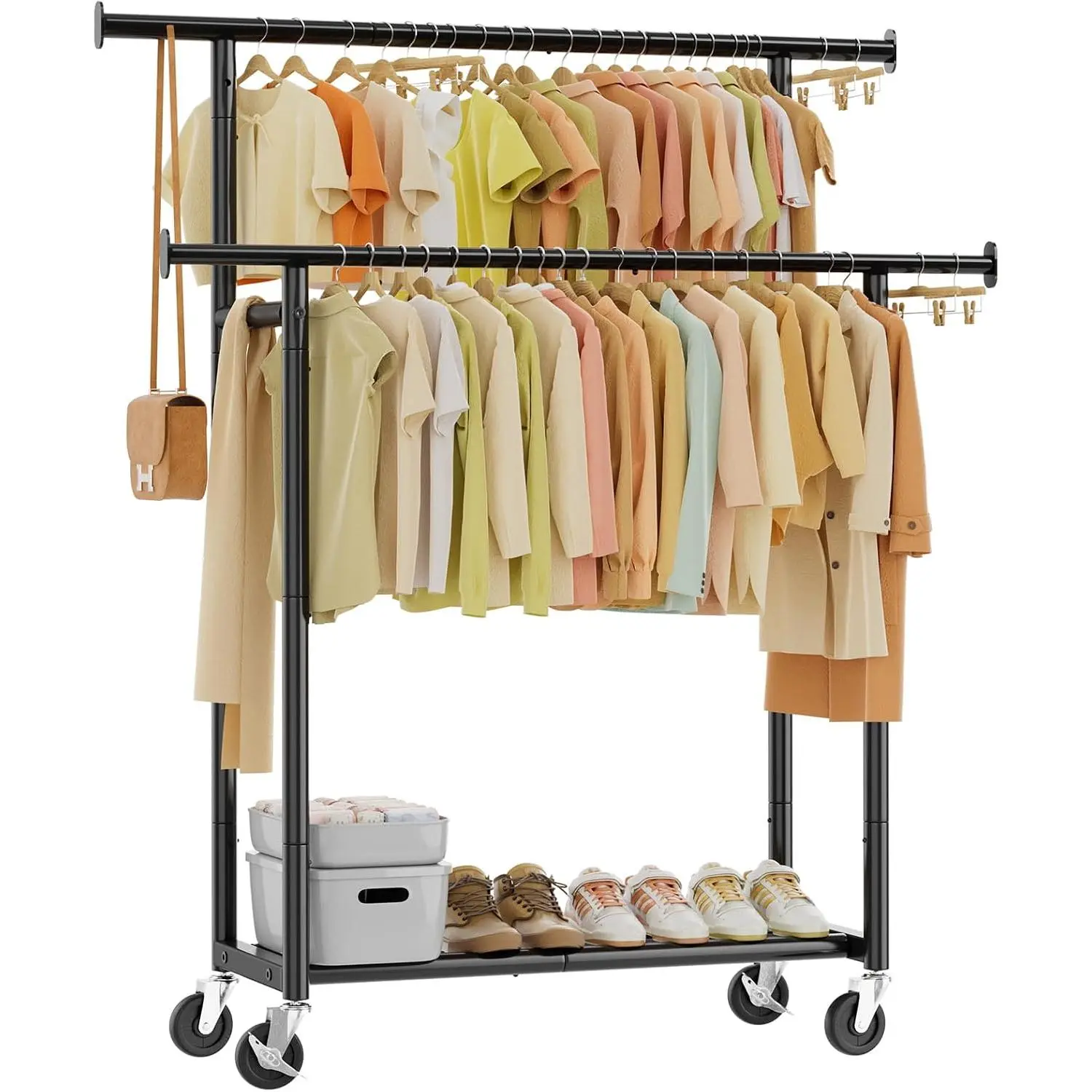 Clothes Rack, Double Rods Clothing Rack with Shelves, Black