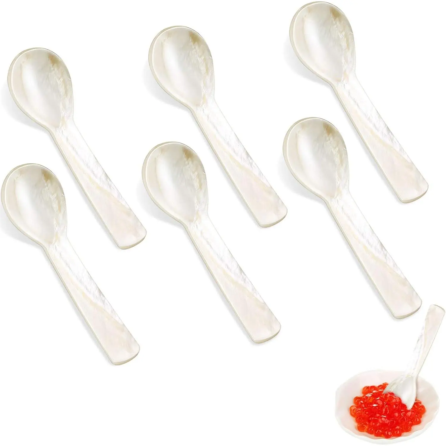 Hand Craft Round Handle Mother of Pearl Mop Caviar Spoons Serving Set 6 Pieces 3.55 Inch for Caviar Egg Ice Cream Salt Coffee Restaurant Home Use