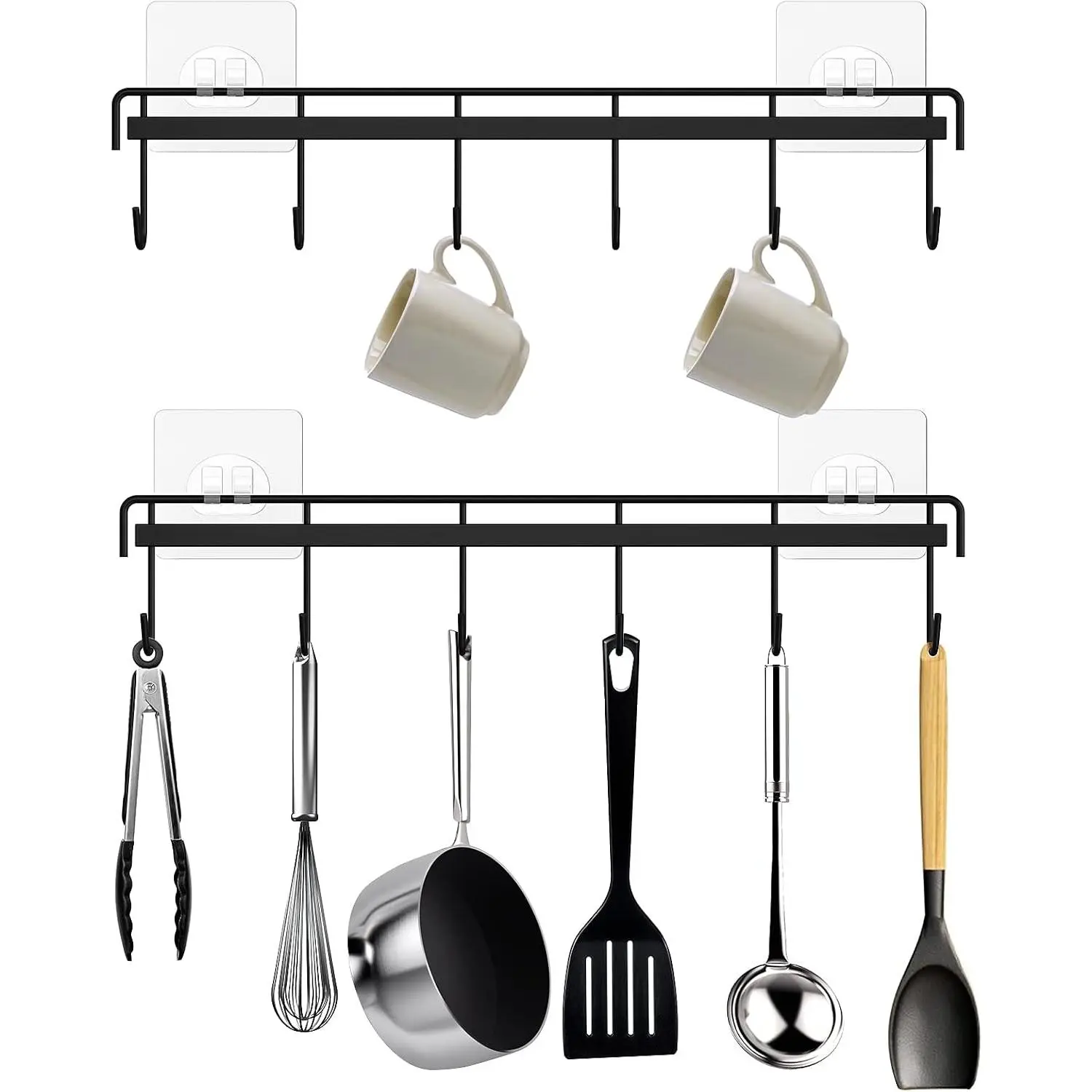 Minimalist Heavy-Duty Hangable Kitchen Organiser Hanger - Adhesive Wall-Mount Rack Rail with 12 Hooks, No-Drilling Space-Saving, Black 2-Piece Sets