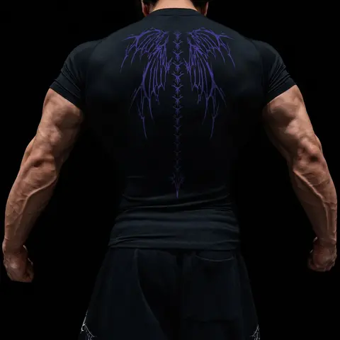 Men's Skeleton Wing Print Compression Shirt, Gym Workout Fitness Running Sporty Tee, Summer Quick Drying Breathable Athletic T-shirt, Stylish Gymwear, Short Sleeve Rash Guard, Athletic Apparel