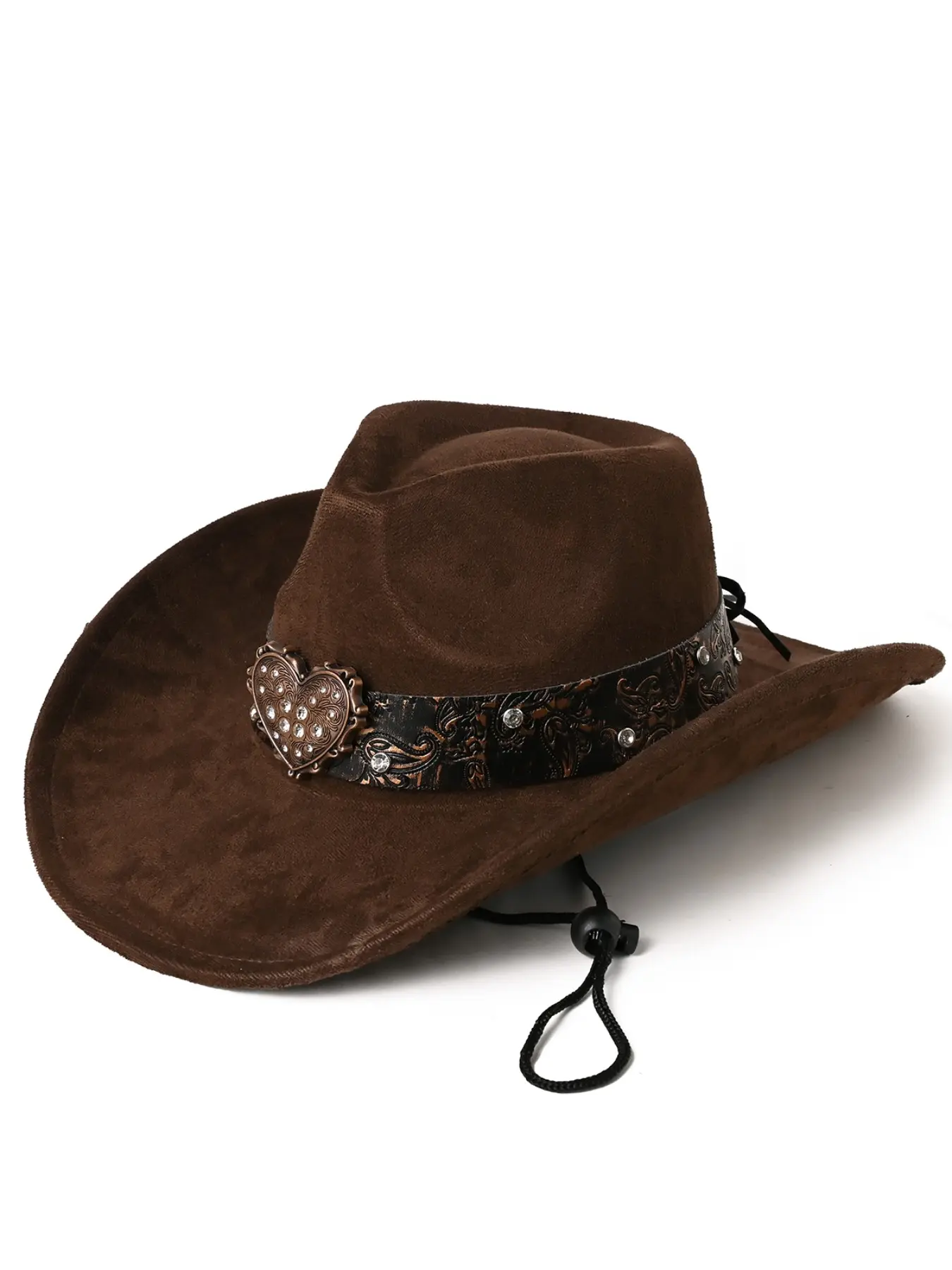 Unisex Retro Western Cowboy Sunhat, Embroidered Leather Strap, Rhinestone Heart Badge, Rivet Decoration, Casual Slim-Fit Visor Hat, Hats Rhinestone