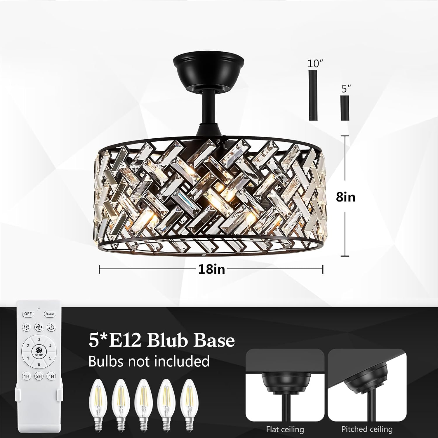 18'' Crystal Cage Ceiling Fan With Remote Control ,Quiet  Motor Fan Light ,, Indoor Crystal Chandelier Ceiling Fan For Bedroom, Living room, Dinning Room, Kids Room--Matte Black (bulbs not included.)
