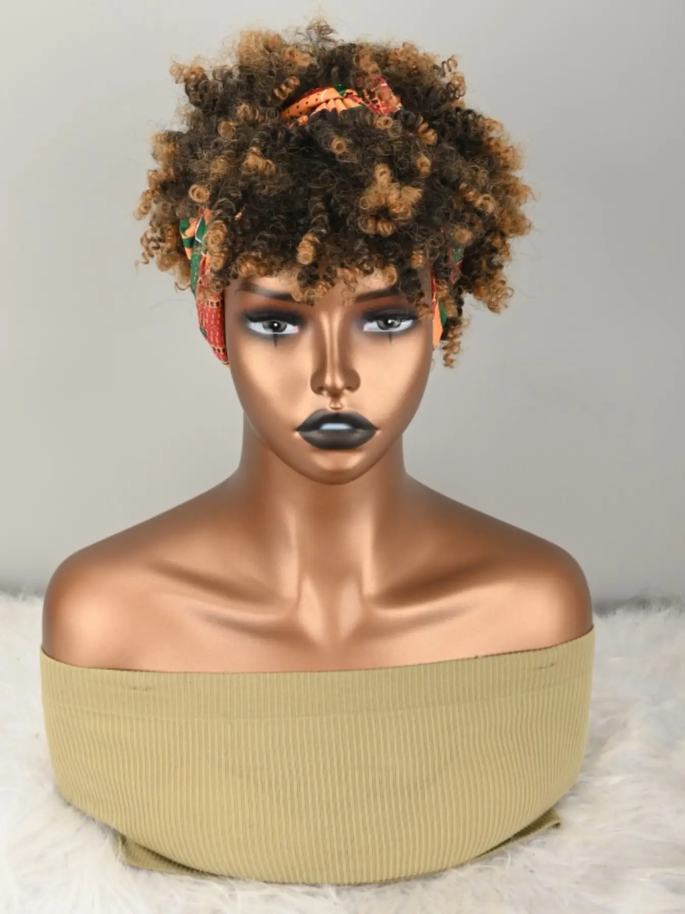 Synthetic Short Afro Kinky Curly Wig, Kinky Synthetic Hair, Dark Wig with Bangs, 2 in 1 Turban Wig, Drawstring High Puff, Headband Attached Updo, Curly Afro Wigs
