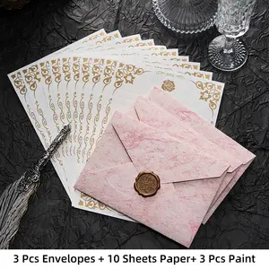 16 piece premium marble patterned envelope set (3 envelopes+3 wax seals+10 sheets of letterhead) - vintage embossed kraft paper paired with floral stationery, perfect for weddings, Valentine's Day, bi