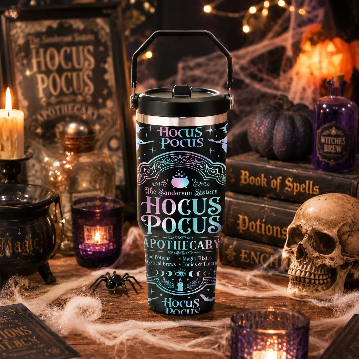 1pc 30oz Mystic Magic Potion Print Insulated Tumbler with Handle, Double Wall Vacuum Stainless Steel Travel Mug with Leakproof Lid & Straw, Keeps Drinks Cold for 24H & Hot for 12H, Summer Cup for Iced Coffee, Water, Office, Travel, Halloween Party, Gothic