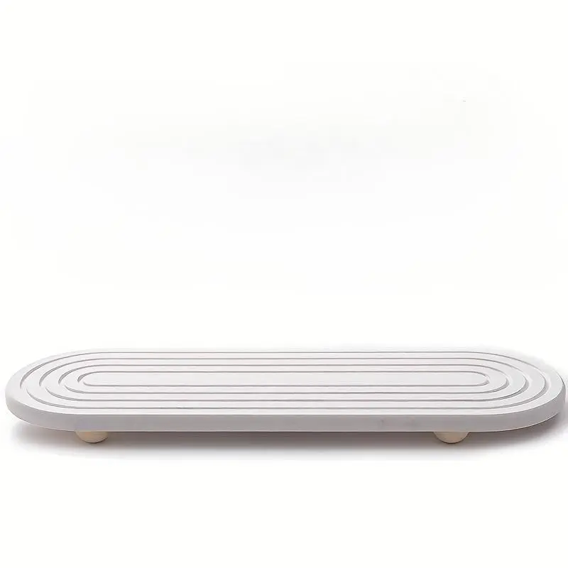 Quick-Drying Absorbent Stone Sink Tray with Wooden Feet and Natural Loofah, Kitchen and Bathroom Countertop Organizer for Soap Dispenser, Sponge and Toiletries