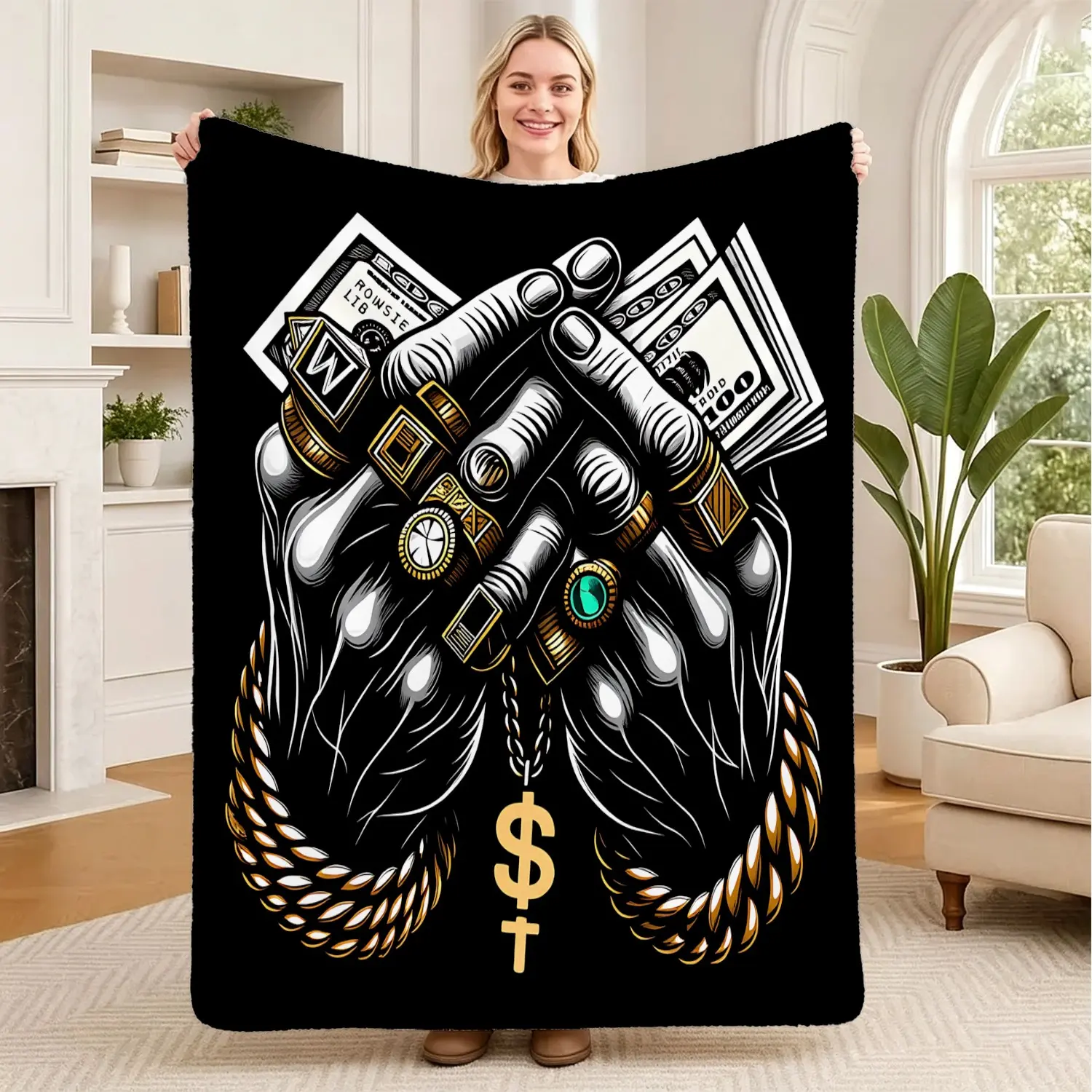 Dollar Ring Hands Print Throw Blanket, Soft Flannel Decorative Blanket, Hip Hop Plush Blanket for Sofa, Bed, Couch & Camping, All Season Warm Blanket, Cool Gift for Hip Hop Money Hustle Lovers