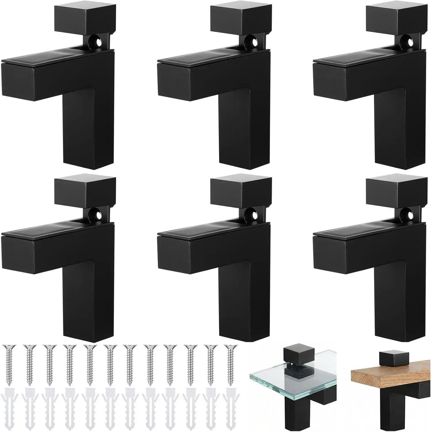 6-Pack Heavy Duty Adjustable Shelf Brackets for Glass Floating Shelves, Zinc Alloy Wall Mount Clamp Supports for 1/8"-1.1" Thick Glass or Wood, Black