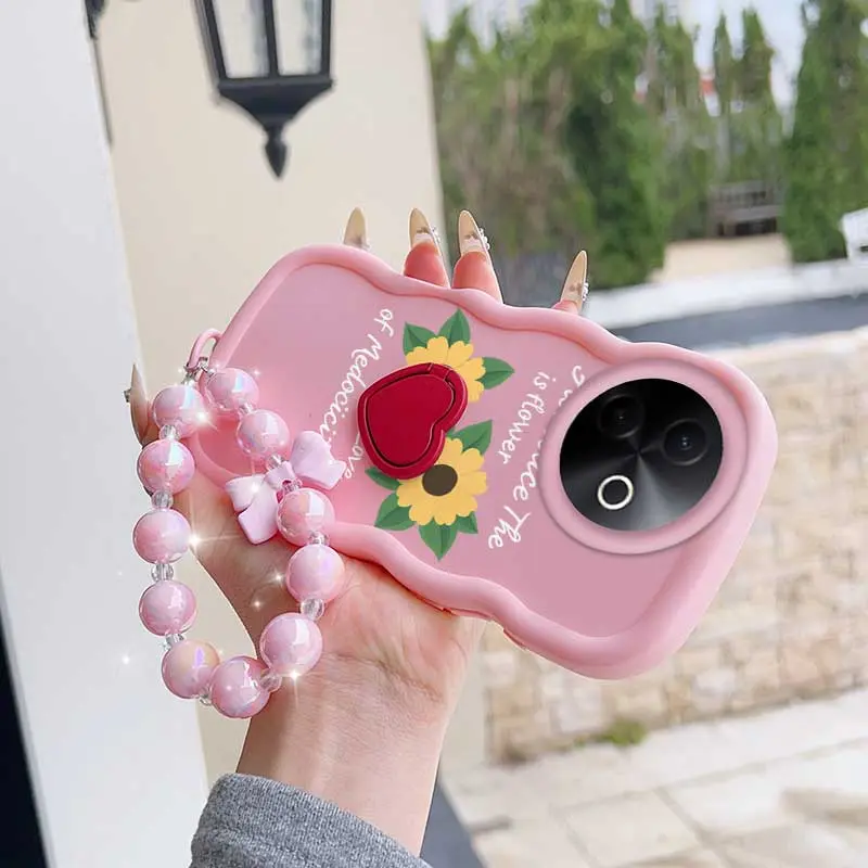 3pcs(Yellow flowers phone Case+Lanyard+Stand) For VIVO Y39 5G/V40 SE/Y100 (India)/Y100 4G/Y200E/Y400 Pro/T3/Y400/Y28 4G/Y31 4G/Y33/Y51 /Y51A /Y53S/V60 Cover