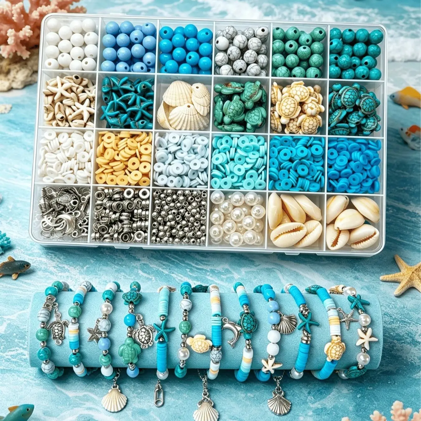 24 Pieces Ocean Style DIY Bead Set, DIY Beads Assortment, Beading Supplies, Soft Clay Beads, Seashell, Turtle, Starfish Accessories, Handmade Bracelet, Necklace Materials Package, Summer Beach Vacation Accessories, Jewelry-making Beads