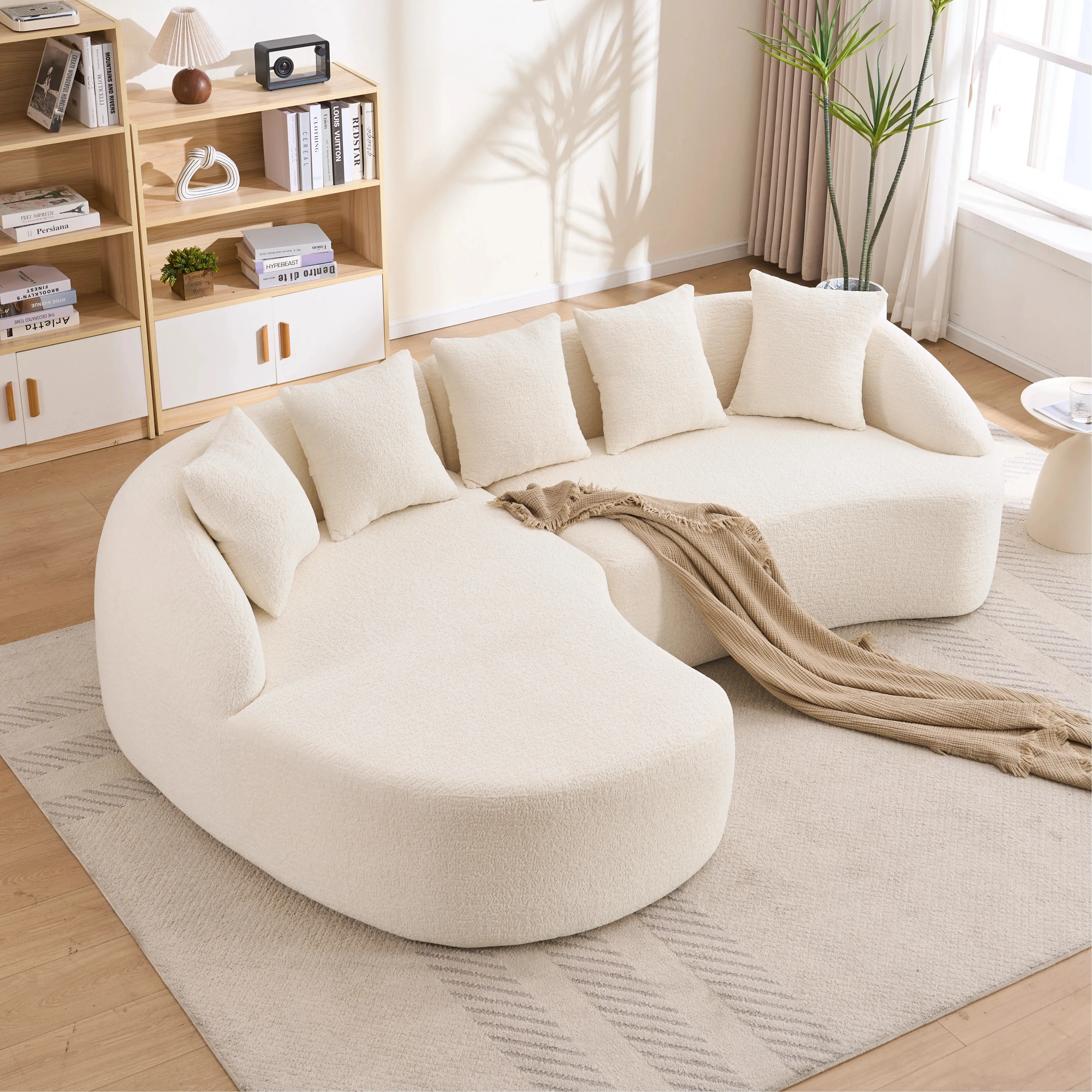 ARCH L-Shape Sectional Sofa with Curved Chaise, White Chenille Modular Couch, 5-Seat, 30D High-Density Foam, Foam+Spring Construction, 64.57Wx106.30Dx27.17H, Living Room Furniture, Includes 5 Throw Pillows, White Color Options, Chenille/Foam+Spring