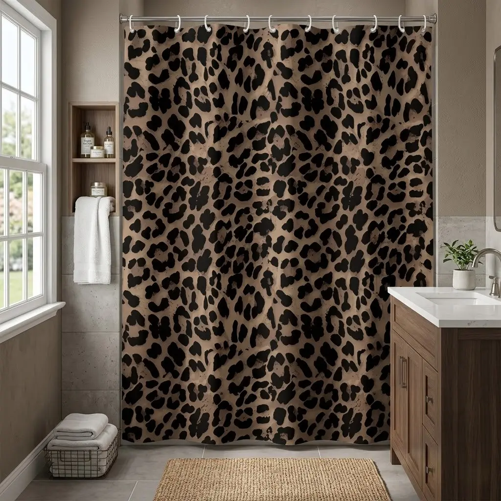 1pcs Vintage Leopard Spots Printed Shower Curtain, Bathroom Shower Curtains, Boho Shower Curtains For Bathroom, Wild Safari Cheetah Pattern, Elegant Bohemian Boho Shower Curtain, Bathroom Drape, Halloween Glam Decor