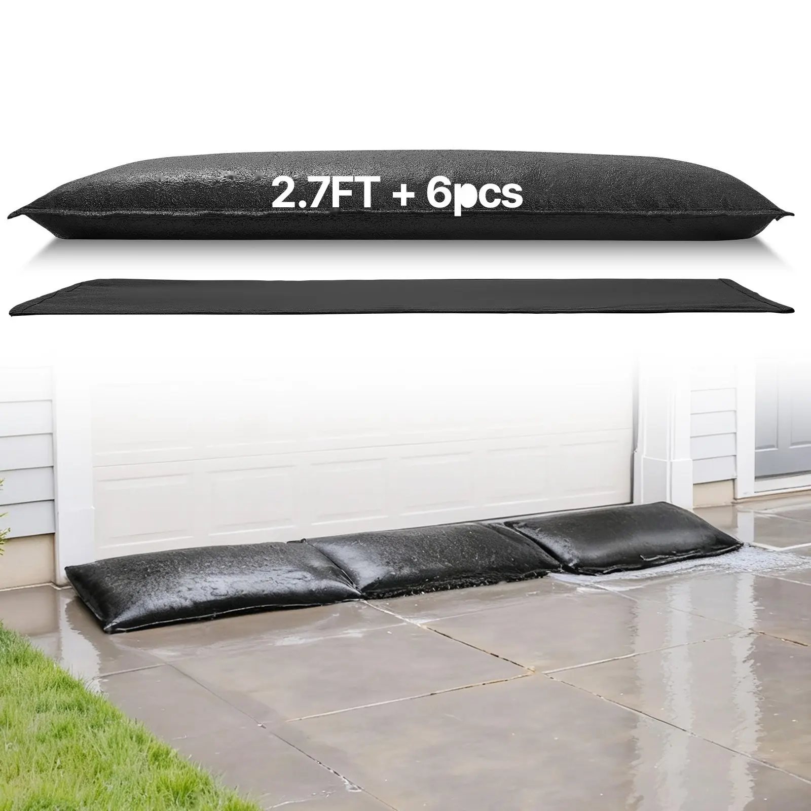 Flood Barrier 6 Pack, 2.7 X 1.4 Ft Water Activated Flood Bags, Reusable Water Absorbent Barrier, Sandless Sandbags for Flood Protection in Home, Doorways, Basement, Garage, Easy Setup and Quick Deployment