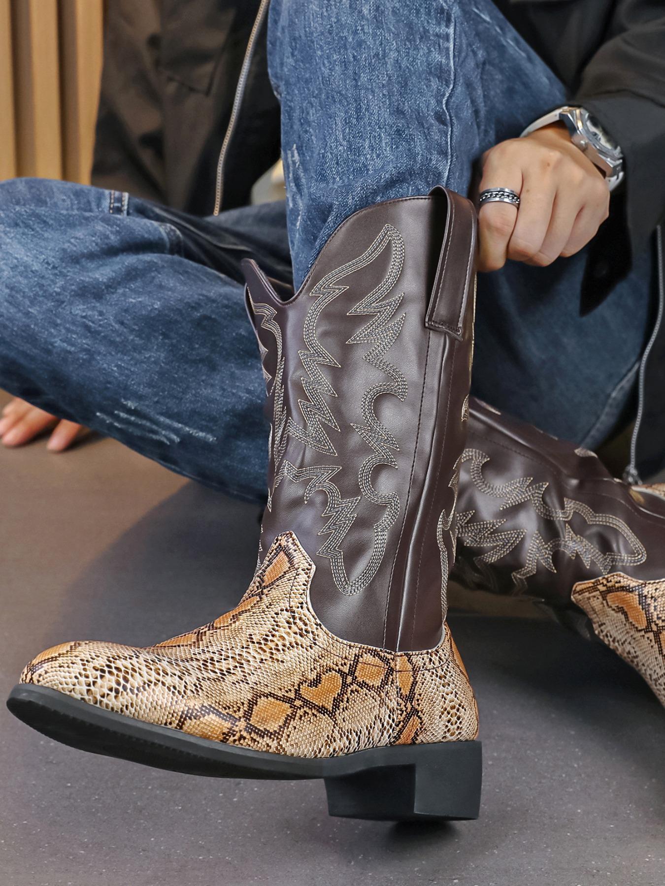 Men's Fashionable Snakeskin Print Embroidering Design Boots, Punk Style Cowboy Boots for Daily Wear, Western Embroidered Boots, Fashion Vintage Shoes for Party, Daily Clothing Decor Footwear