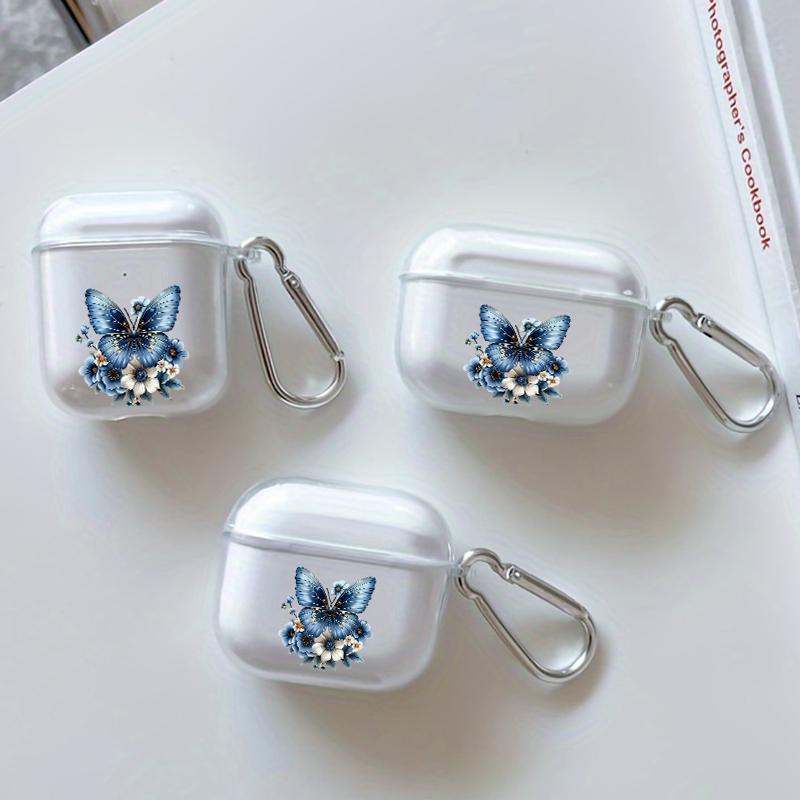 Chic Blue Butterfly Pattern TPU Soft Protective Case for Apple AirPods 4/3/2/1/Pro/Pro2 Transparent Earphone Cover with Keychain Attachment