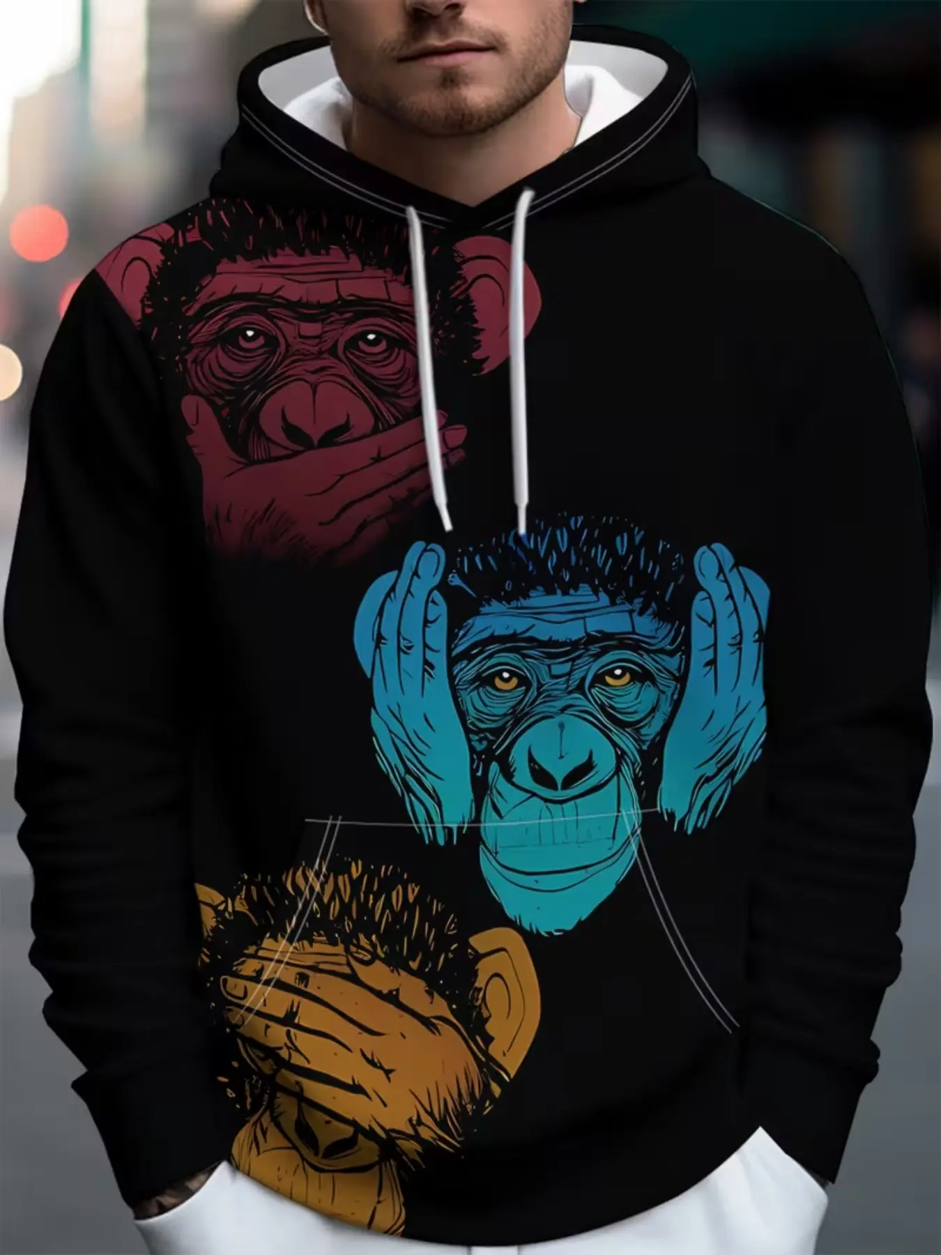 Three-Color Monkey Pattern Hooded Sweatshirt, Unisex Casual Pullover, Long Sleeve Loose Fit, Fall & Winter Warm Outerwear