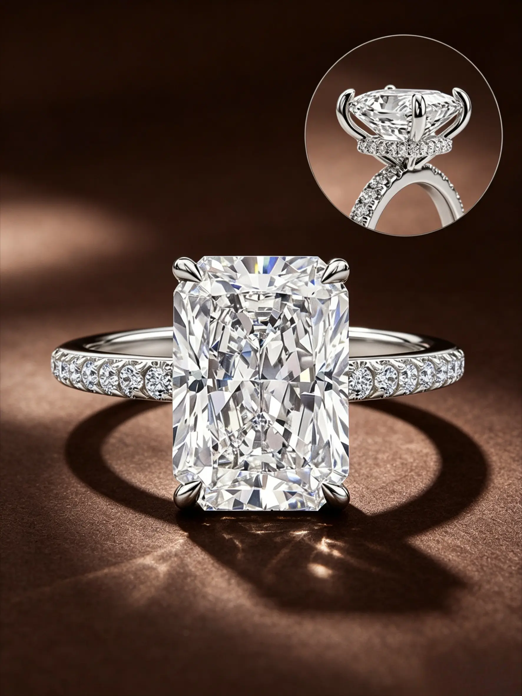Eco-Friendly Copper Gold-Plated Ice Flower Cut Rectangle Imitation Diamond Ring, 4-Prong Setting With Pavé Band, Luxury Pave Engagement Ring, Anniversary Gift For Women (With Gift Box)