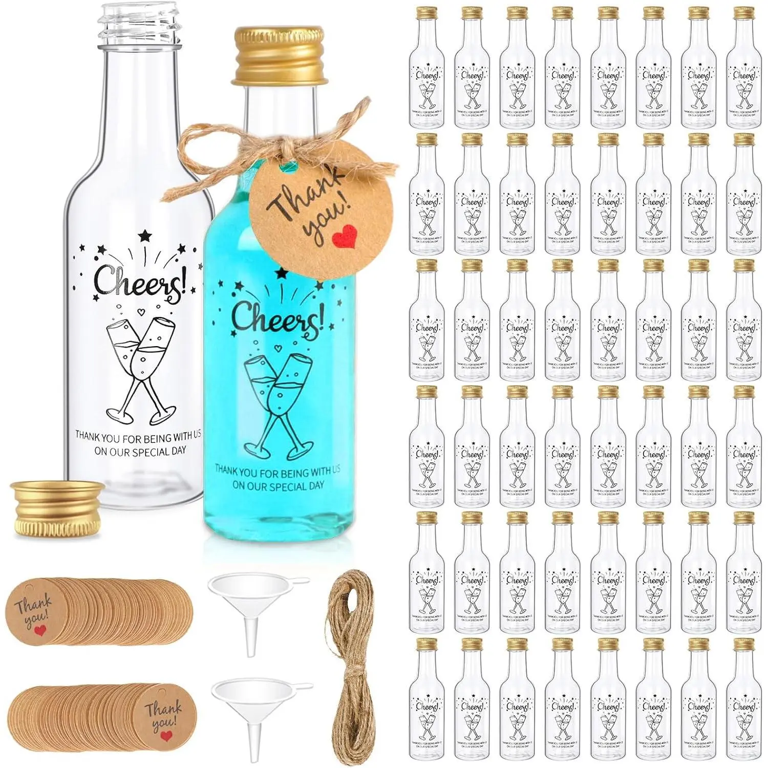 50 Pack Mini  Bottles, 1.7oz/50ml Mini Shot Bottles with  Screw Caps Funnels Tags & Twines, Empty  Bottles for Juice  Homemade  Birthday Wedding DIY Party Favors