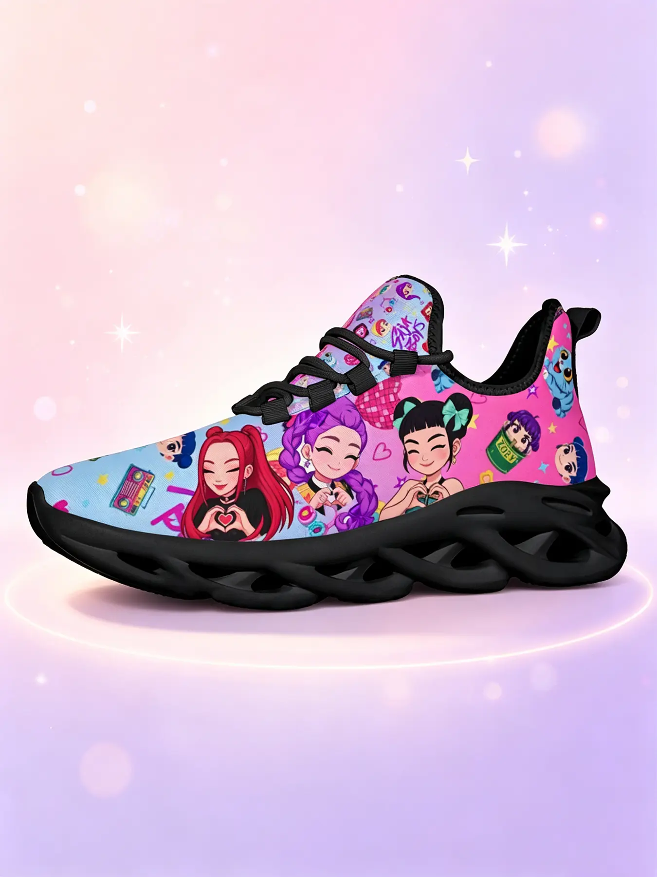 2026 Hot Girl Group Style Print Adult Casual Sports Shoes Trendy Casual Sporty Trainers Sweet Girl Korean Street Fashion Base Multi Character Pattern Breathable Lacing Design Woman Cushion Sneakers